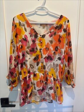 Ellen Tracy Floral V-Neck Peplum Tunic - Yellow, Orange, Pink, Brown